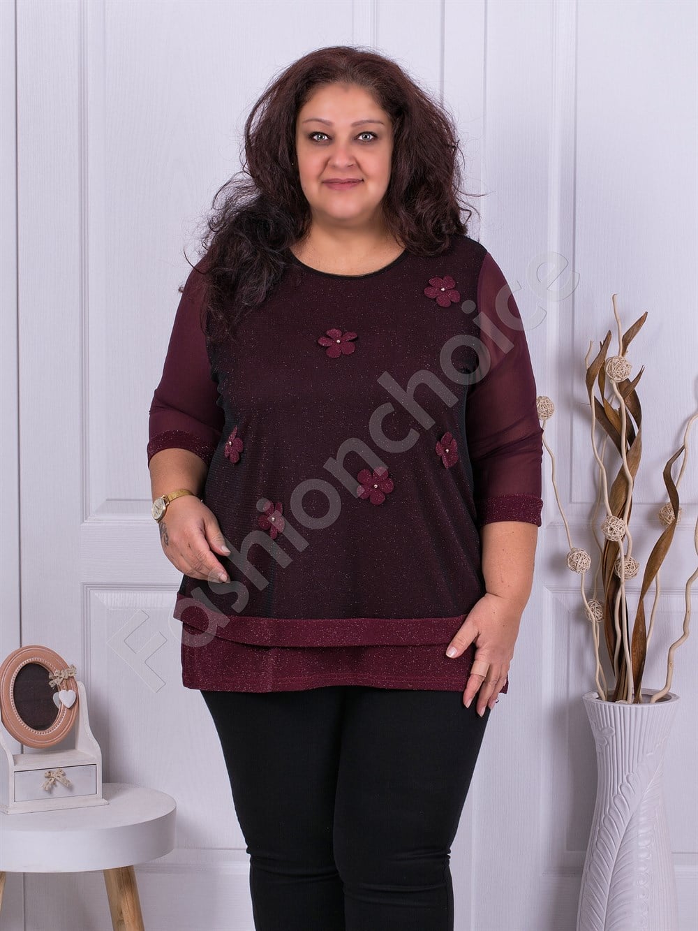 Plus size Lurex μπλούζα με τούλι σε μπορντό-κωδ 1150-2