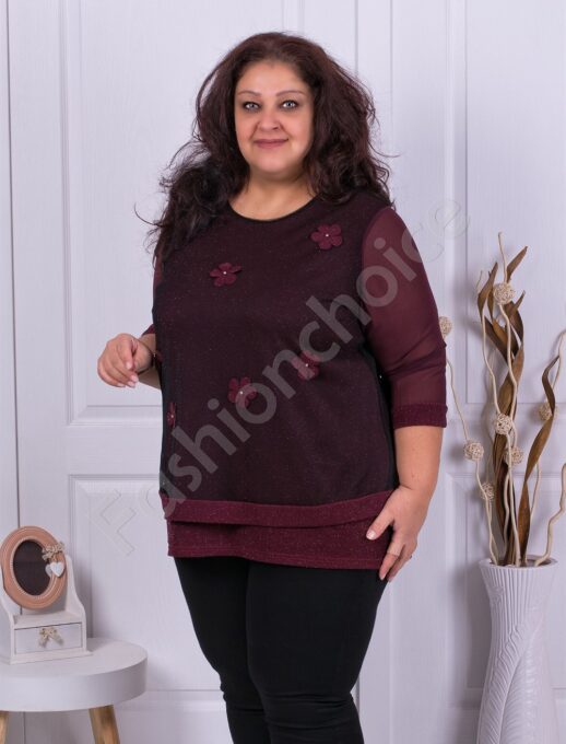 Plus size Lurex μπλούζα με τούλι σε μπορντό-κωδ 1150-2
