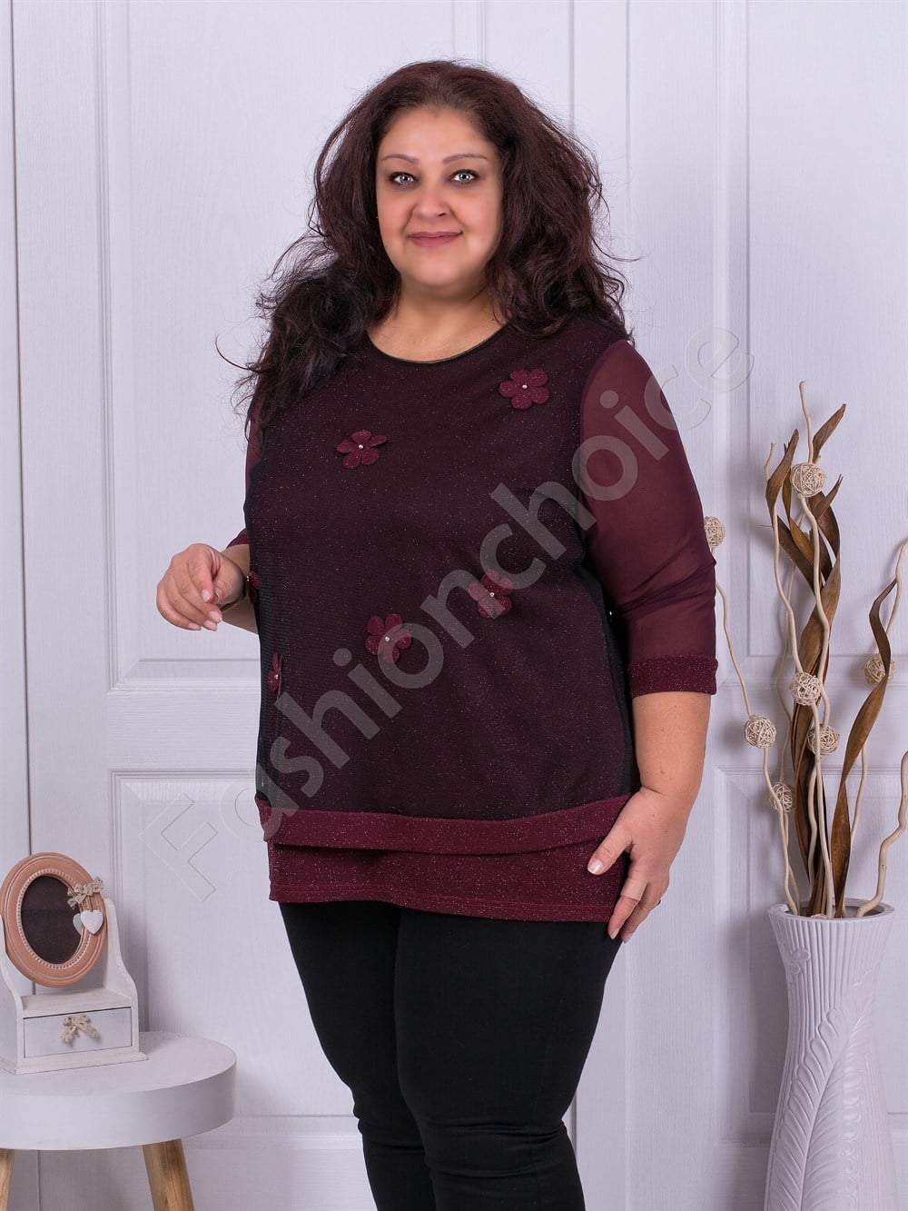 Plus size Lurex μπλούζα με τούλι σε μπορντό-κωδ 1150-2