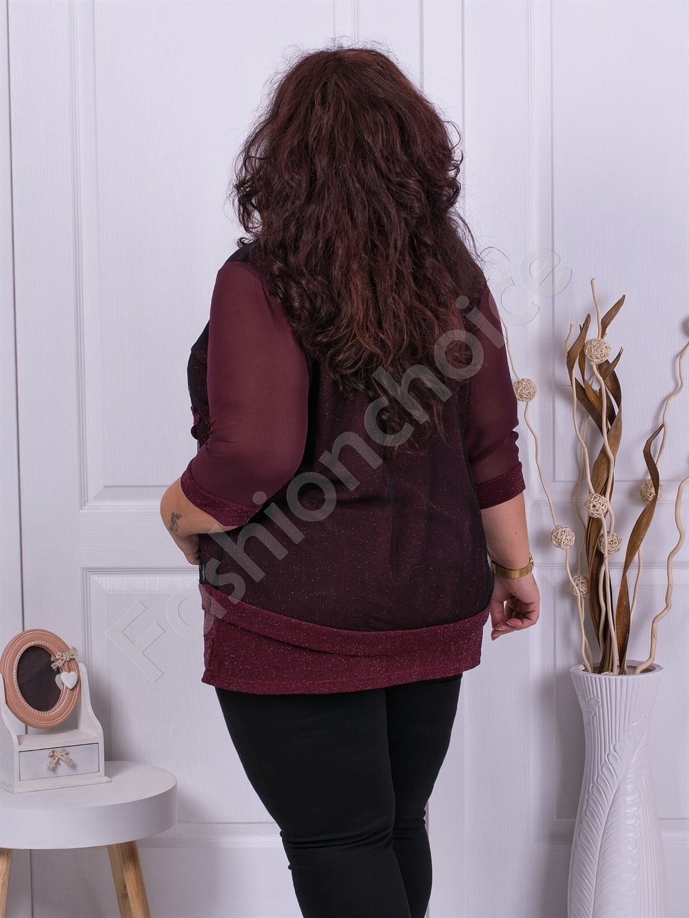 Plus size Lurex μπλούζα με τούλι σε μπορντό-κωδ 1150-2