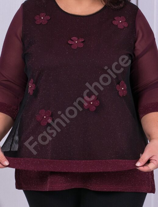 Plus size Lurex μπλούζα με τούλι σε μπορντό-κωδ 1150-2