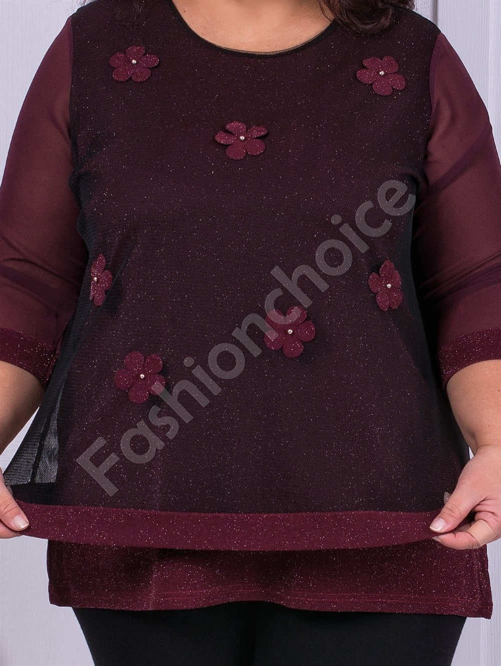 Plus size Lurex μπλούζα με τούλι σε μπορντό-κωδ 1150-2