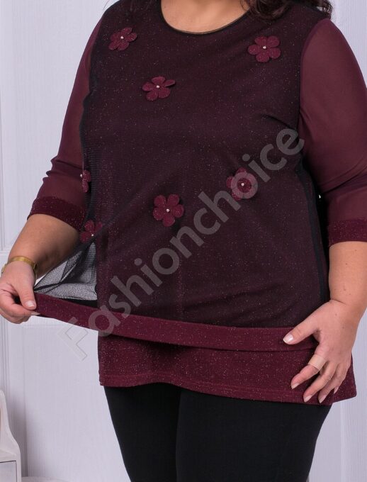 Plus size Lurex μπλούζα με τούλι σε μπορντό-κωδ 1150-2