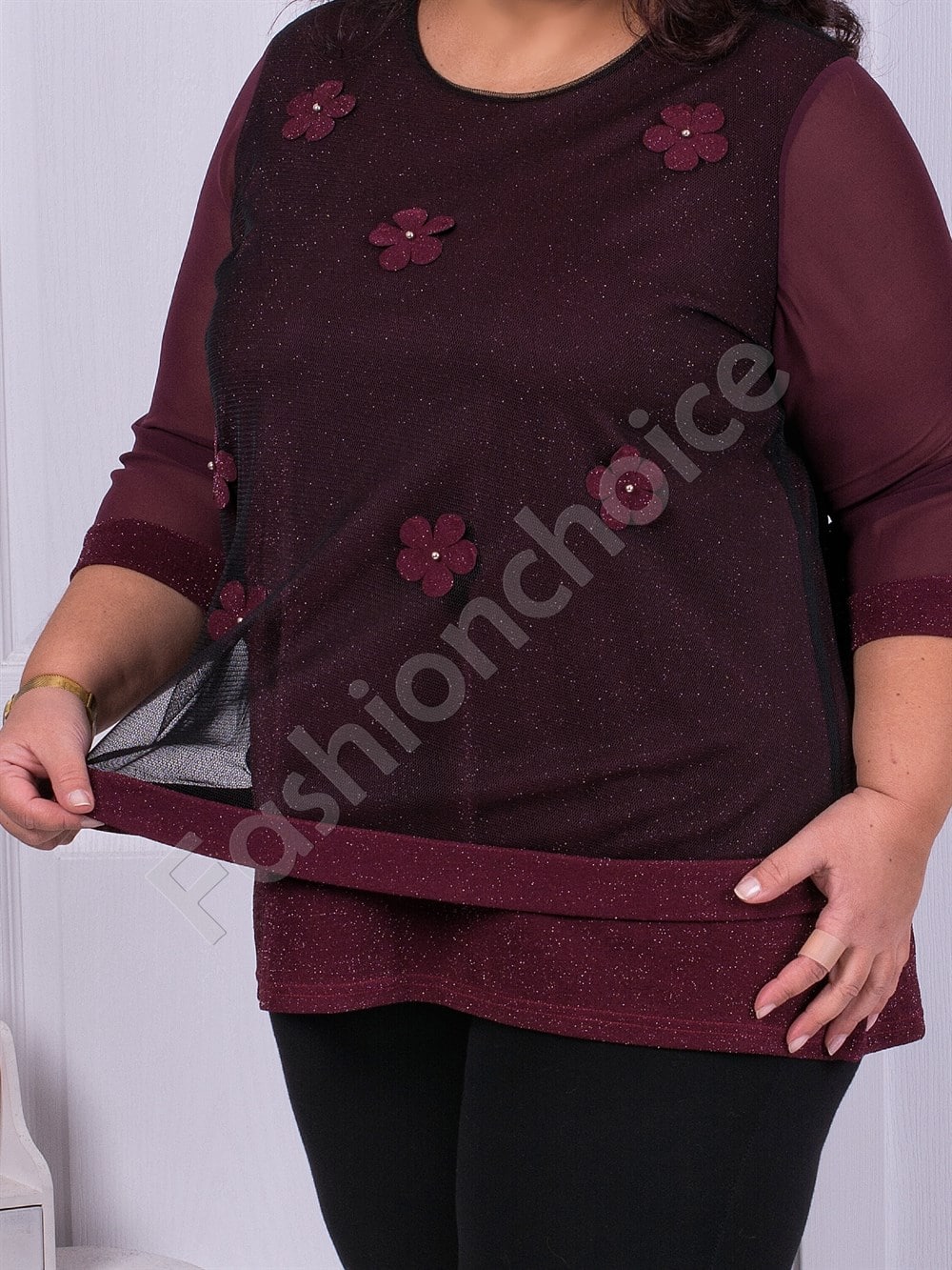 Plus size Lurex μπλούζα με τούλι σε μπορντό-κωδ 1150-2