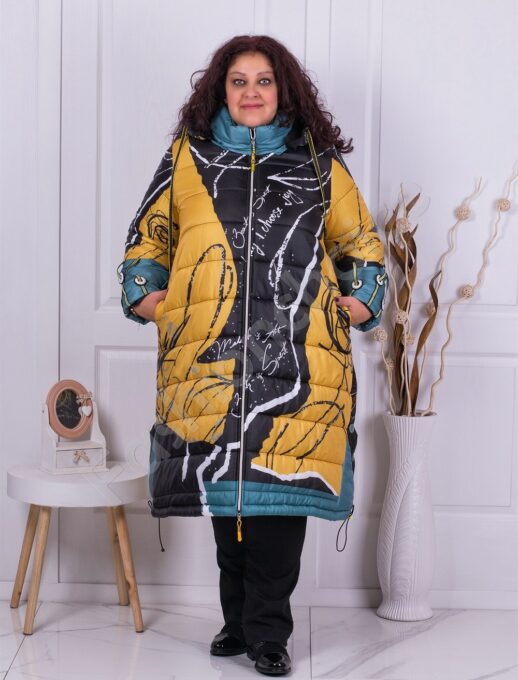 Plus size μακρύ μπουφάν με σχέδια-κίτρινο/μαύρο-κωδ 014
