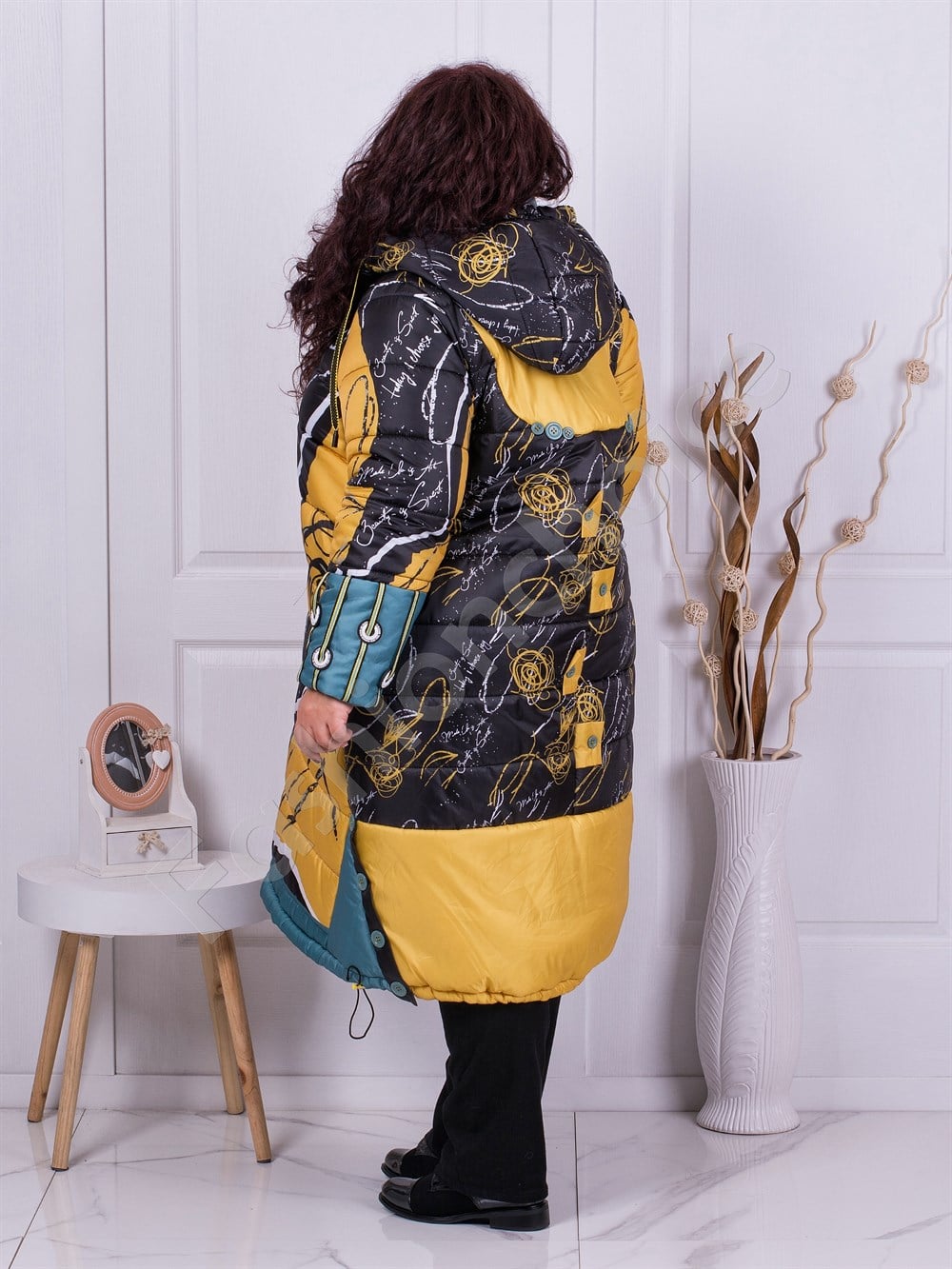 Plus size μακρύ μπουφάν με σχέδια-κίτρινο/μαύρο-κωδ 014