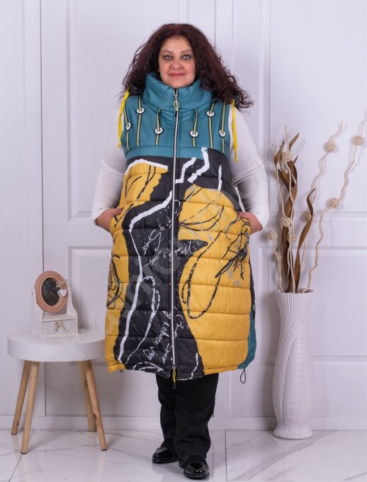 Plus size αμάνικο μακρύ μπουφάν με σχέδια-κίτρινο/μαύρο-κωδ 1014