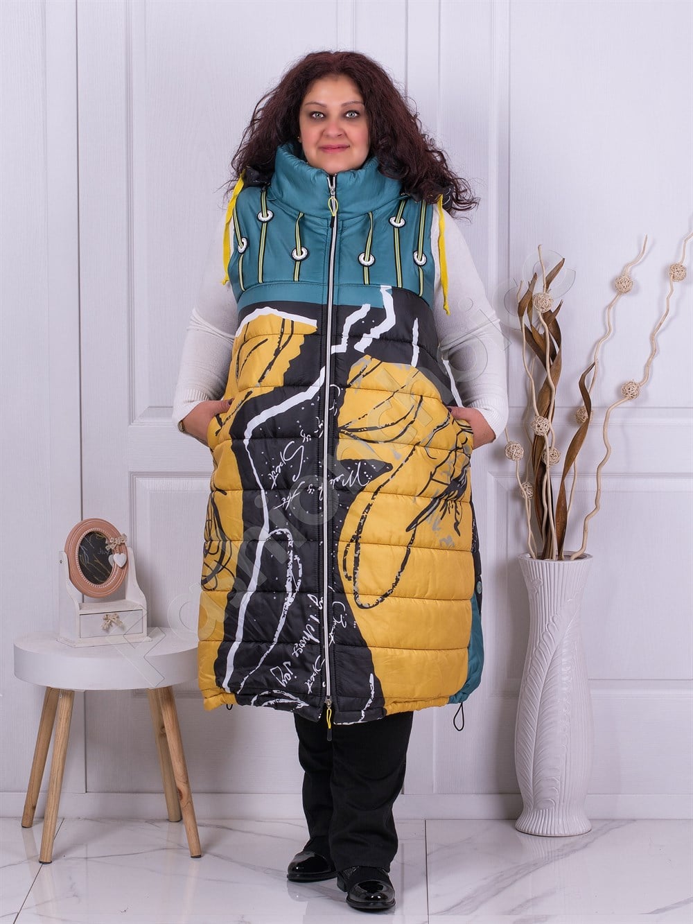 Plus size αμάνικο μακρύ μπουφάν με σχέδια-κίτρινο/μαύρο-κωδ 1014