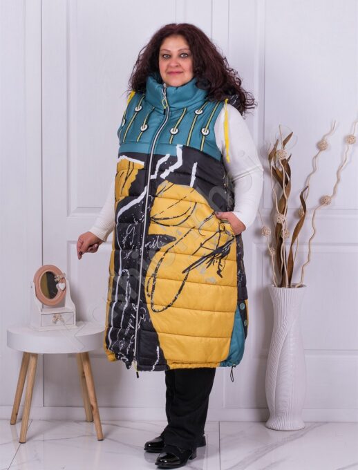 Plus size αμάνικο μακρύ μπουφάν με σχέδια-κίτρινο/μαύρο-κωδ 1014