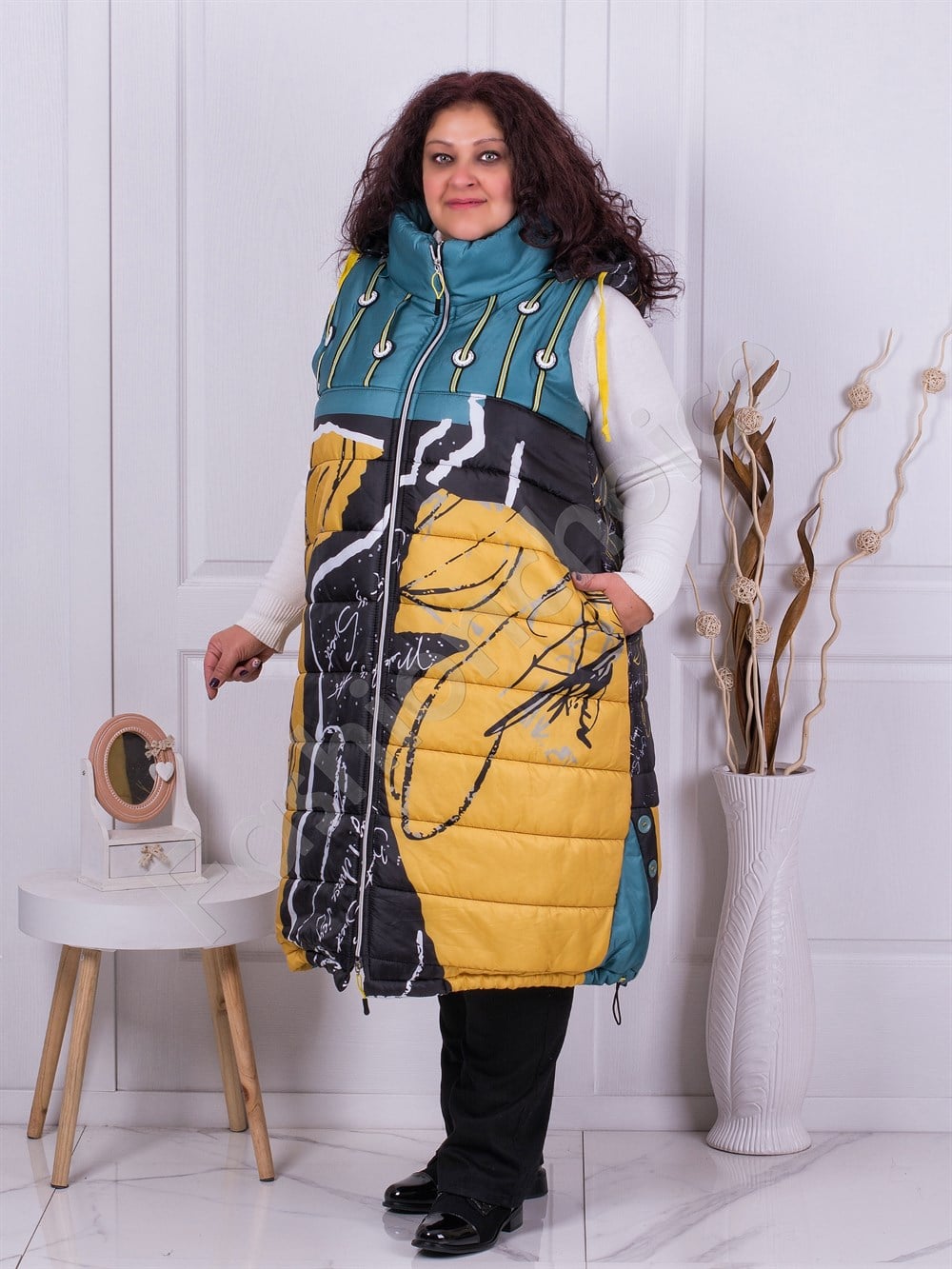 Plus size αμάνικο μακρύ μπουφάν με σχέδια-κίτρινο/μαύρο-κωδ 1014