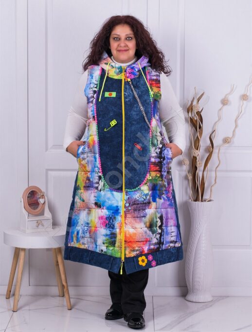 Plus size αμάνικο μακρύ μπουφάν Rainbow-μπλε με χρώματα-κωδ 1017