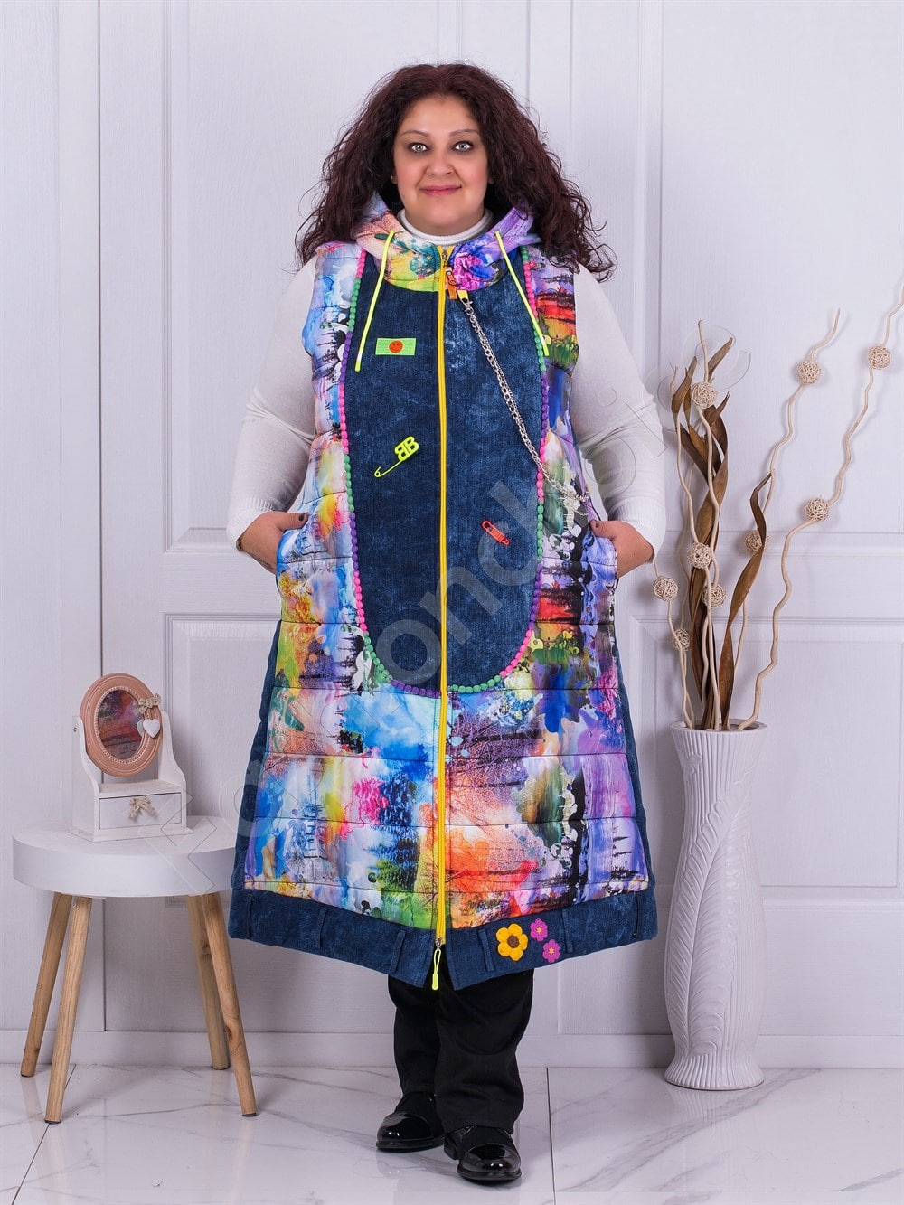 Plus size αμάνικο μακρύ μπουφάν Rainbow-μπλε με χρώματα-κωδ 1017