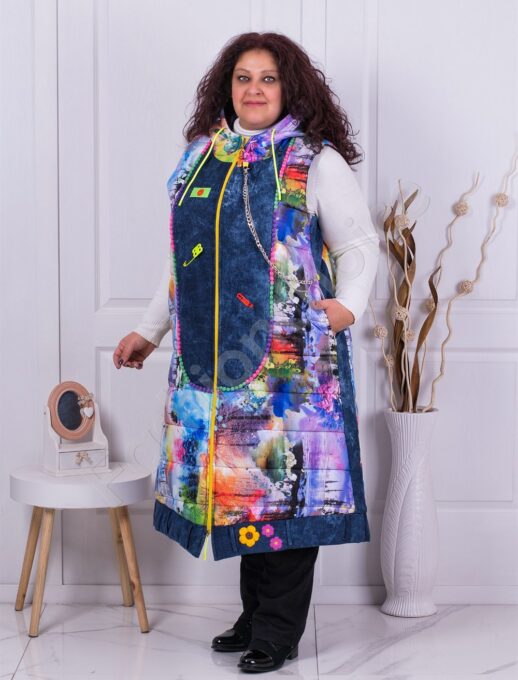 Plus size αμάνικο μακρύ μπουφάν Rainbow-μπλε με χρώματα-κωδ 1017