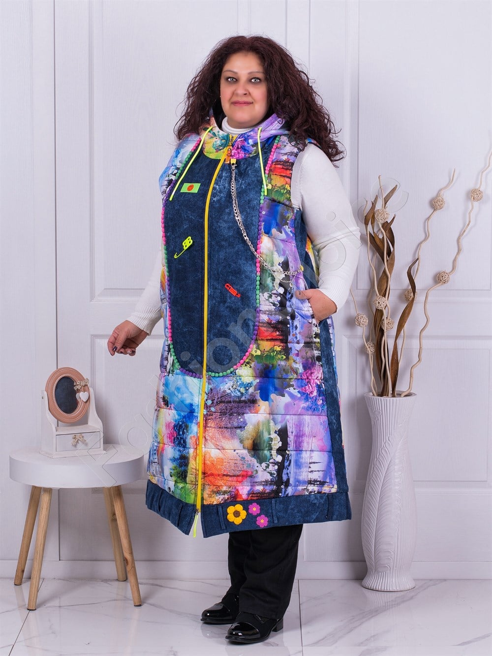Plus size αμάνικο μακρύ μπουφάν Rainbow-μπλε με χρώματα-κωδ 1017