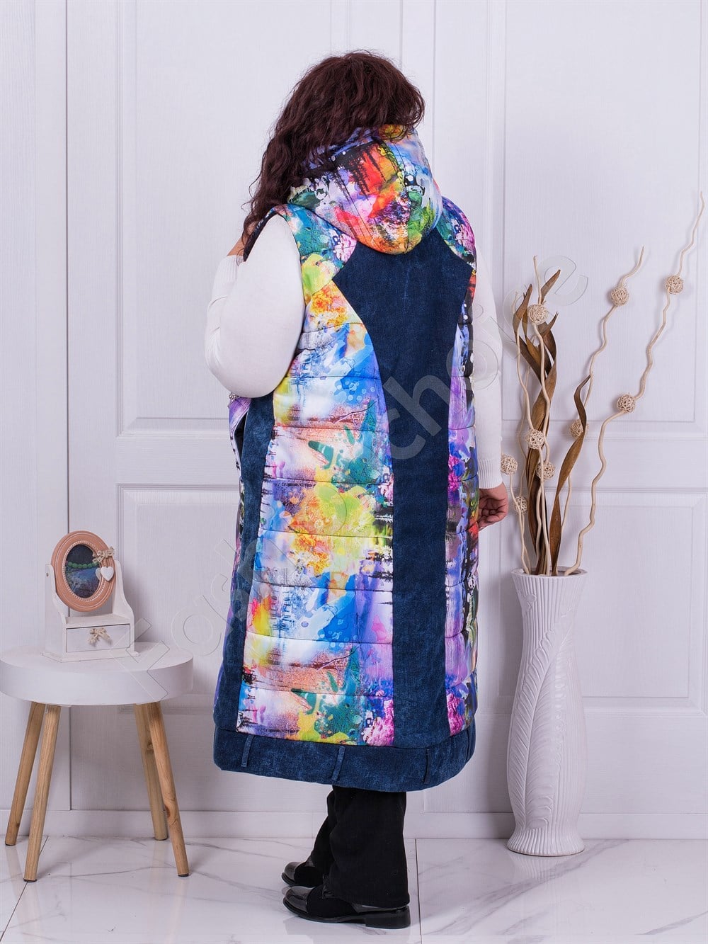 Plus size αμάνικο μακρύ μπουφάν Rainbow-μπλε με χρώματα-κωδ 1017