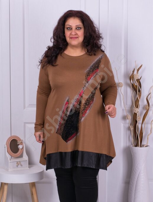 Plus size τουνίκ με χρωματιστά απλικέ-καφέ-κωδ 16161-2