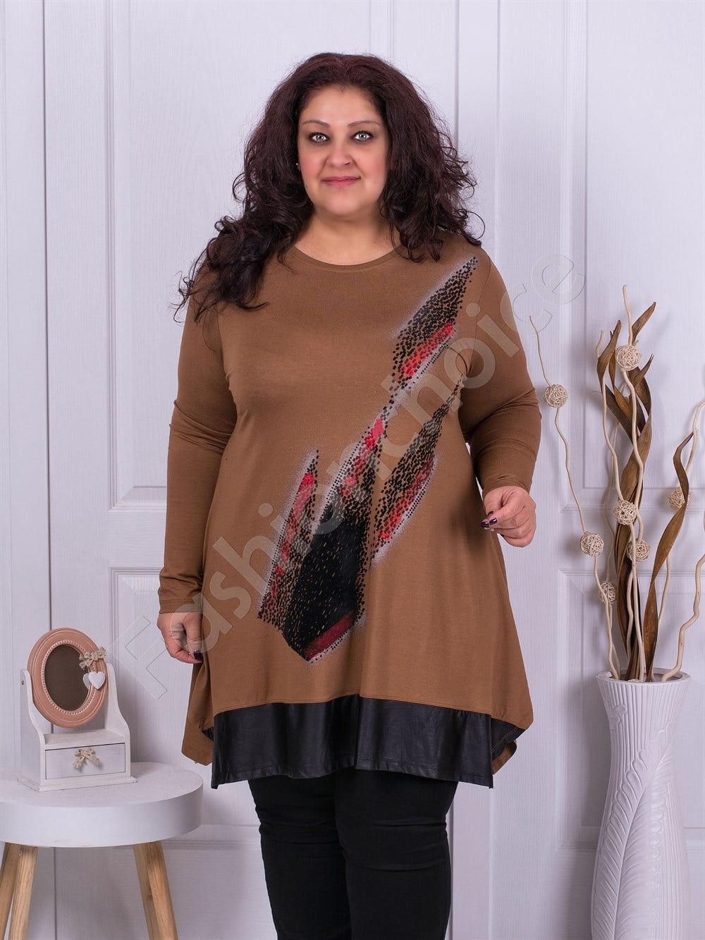 Plus size τουνίκ με χρωματιστά απλικέ-καφέ-κωδ 16161-2