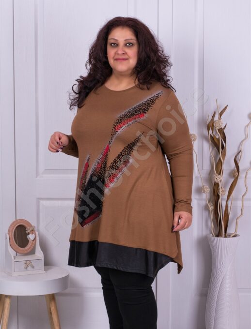 Plus size τουνίκ με χρωματιστά απλικέ-καφέ-κωδ 16161-2