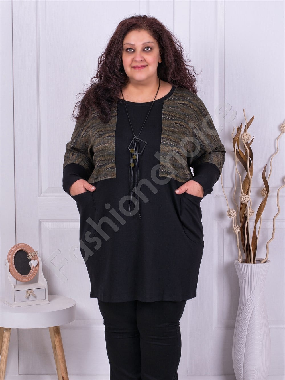Plus size τουνίκ με χρωματιστές λεπτομέρειες+δώρο κολιέ-κωδ 3855
