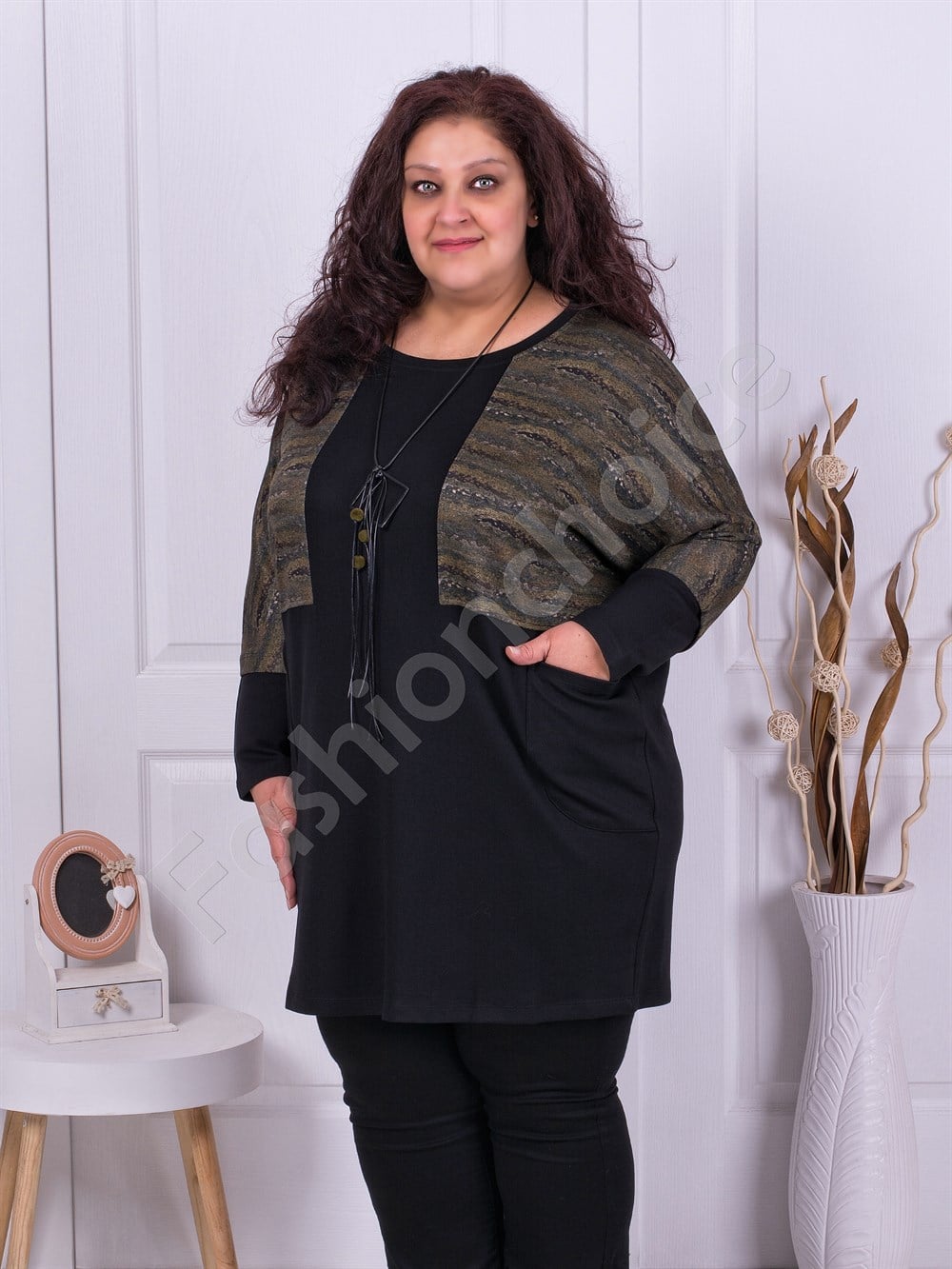 Plus size τουνίκ με χρωματιστές λεπτομέρειες+δώρο κολιέ-κωδ 3855