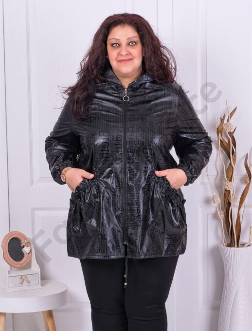 Plus size καπαρντίνα σε μαύρο με επιγραφές-κωδ 1306-3