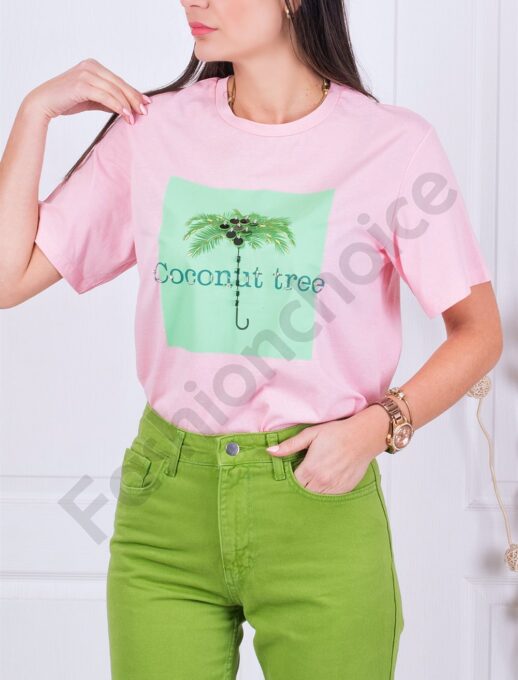 T-shirt με τύπωμα και στρας σε απαλό ροζ-κωδ 1130-18