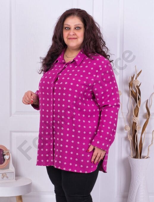 Plus size πουκάμισο με σχέδιο από λευκά λουλούδια-φούξια-κωδ 2098-7