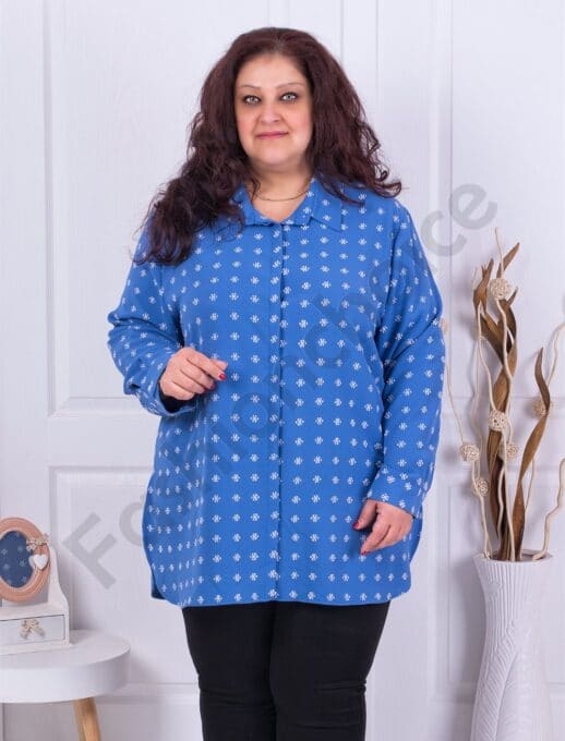 Plus size πουκάμισο με σχέδιο από λευκά λουλούδια-μπλε-κωδ 2098-8