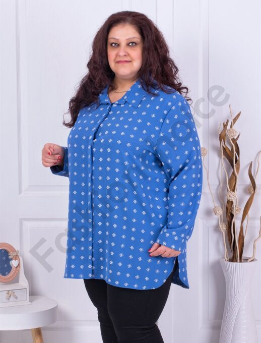 Plus size πουκάμισο με σχέδιο από λευκά λουλούδια-μπλε-κωδ 2098-8
