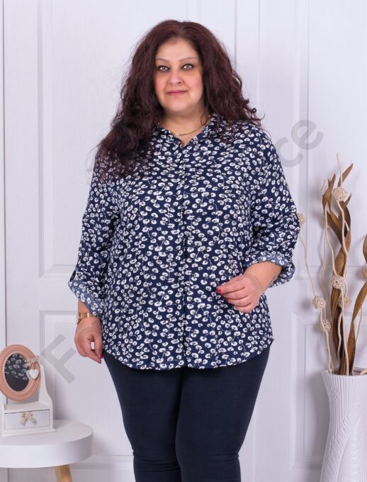 Plus size πουκάμισο με φλοράλ ντεσέν-μπλε κωδ 2098-2
