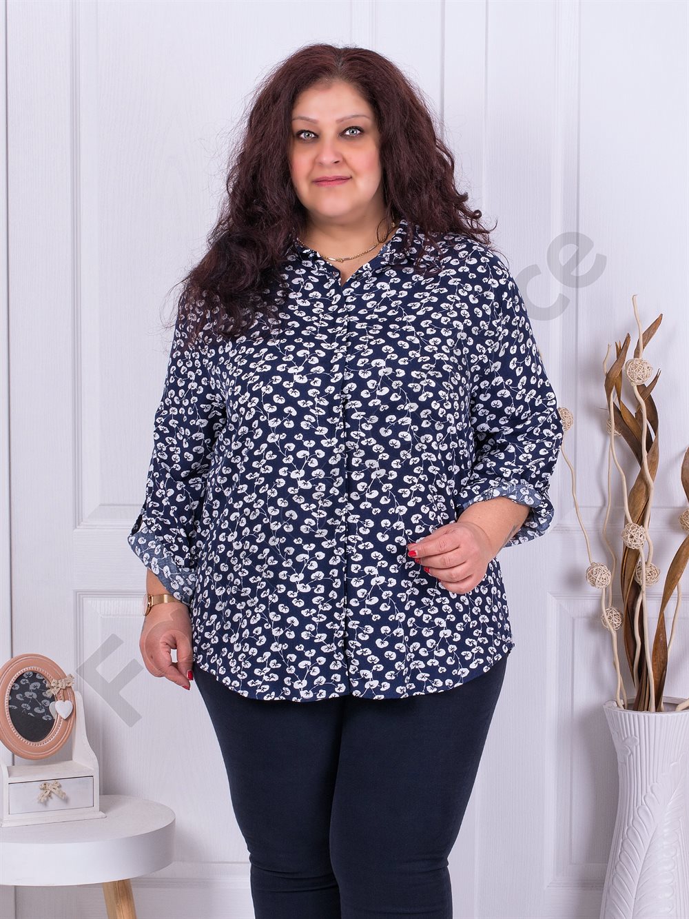 Plus size πουκάμισο με φλοράλ ντεσέν-μπλε κωδ 2098-2