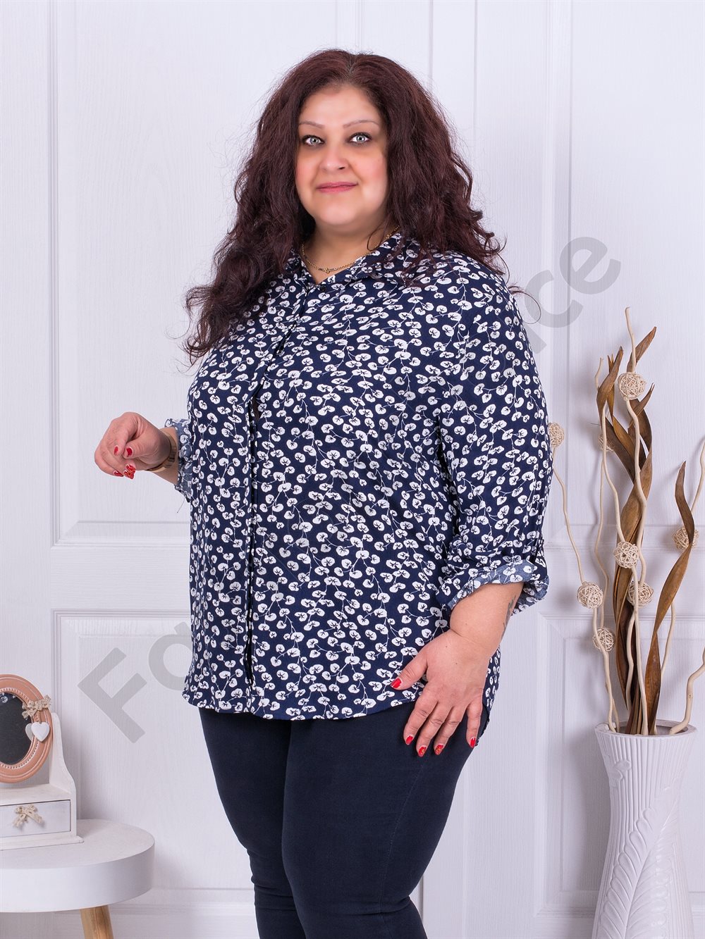 Plus size πουκάμισο με φλοράλ ντεσέν-μπλε κωδ 2098-2
