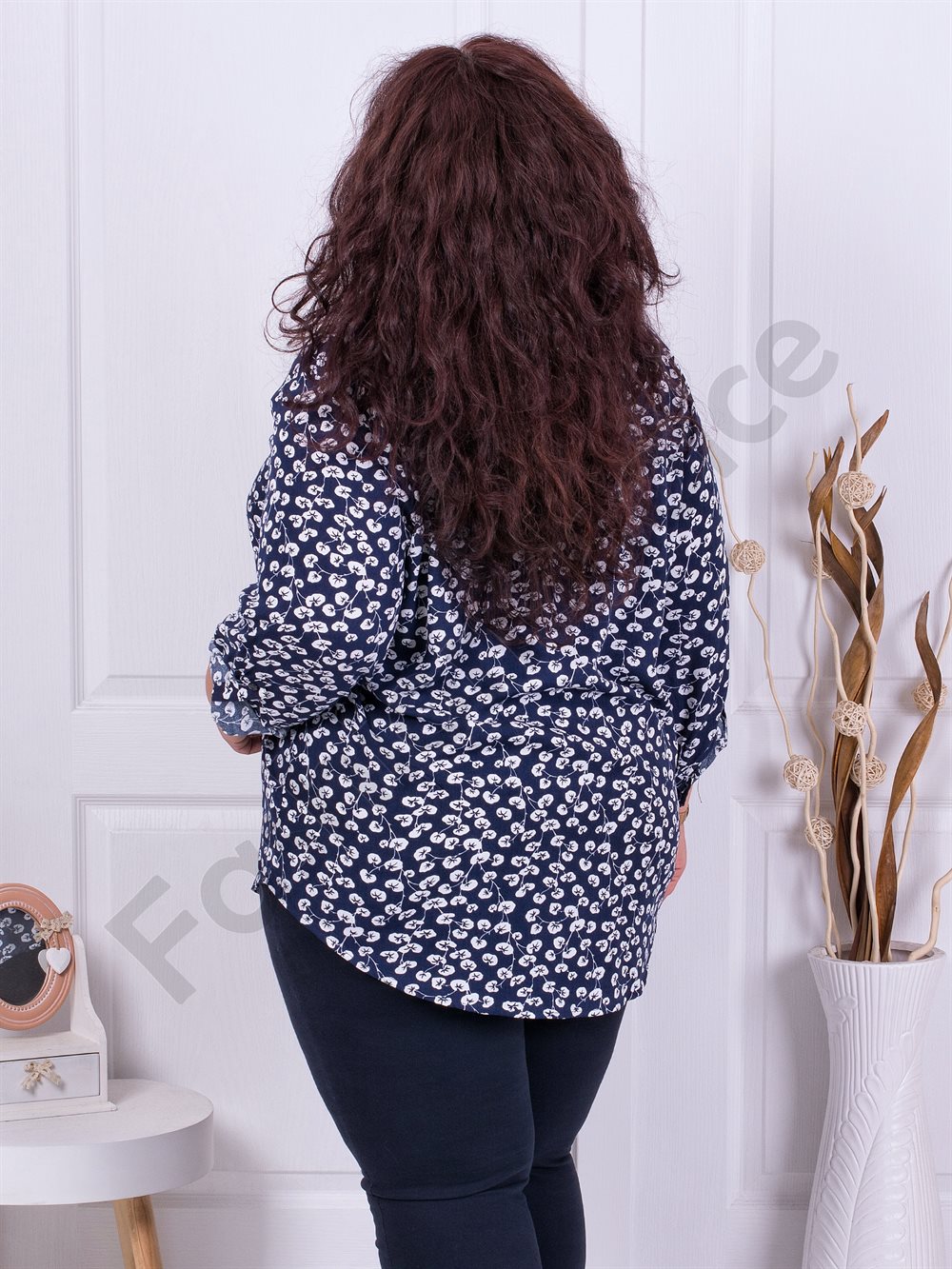 Plus size πουκάμισο με φλοράλ ντεσέν-μπλε κωδ 2098-2