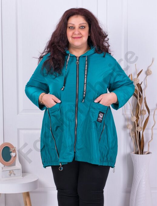 Plus size αντιανεμικό ζακέτα με φερμουάρ-τιρκουάζ-κωδ 403
