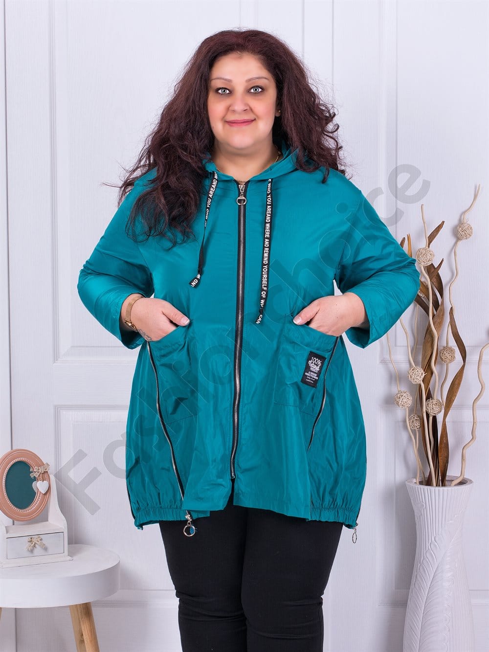 Plus size αντιανεμικό ζακέτα με φερμουάρ-τιρκουάζ-κωδ 403