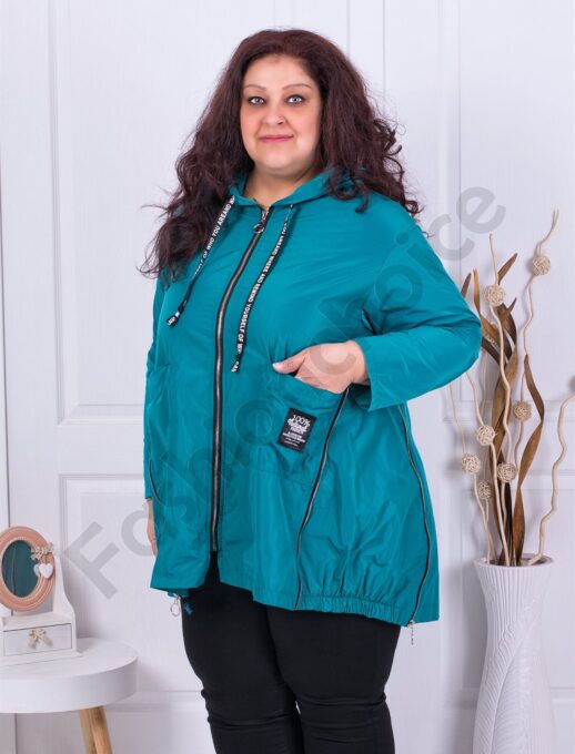 Plus size αντιανεμικό ζακέτα με φερμουάρ-τιρκουάζ-κωδ 403