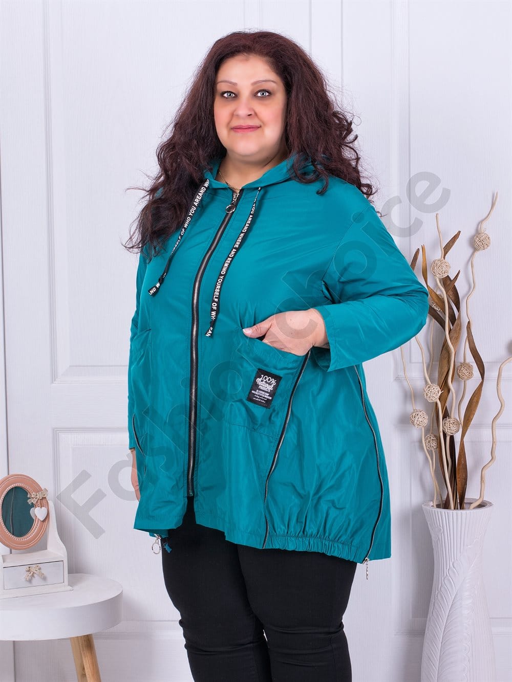 Plus size αντιανεμικό ζακέτα με φερμουάρ-τιρκουάζ-κωδ 403