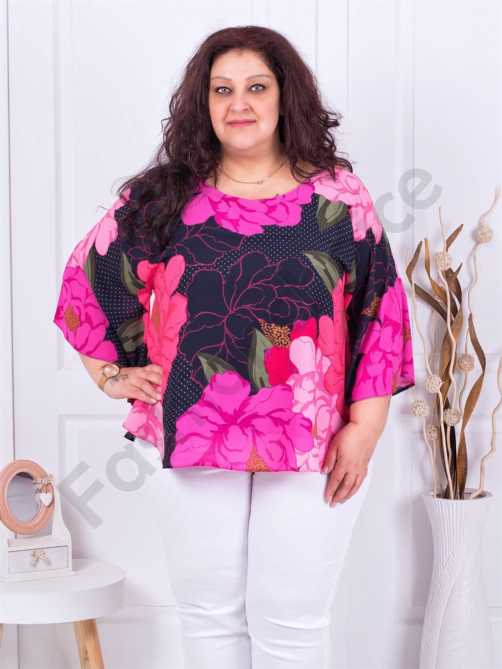 Plus size σιφόν μπλούζα με φλοράλ ντεσέν-φουξία-κωδ 2079