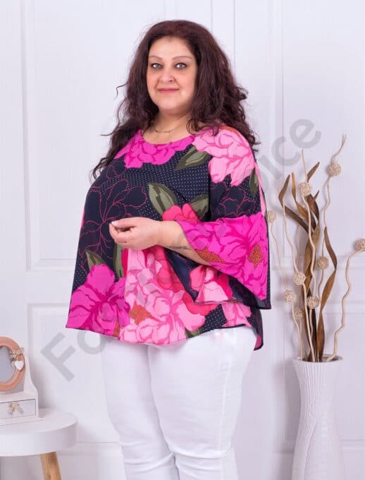 Plus size σιφόν μπλούζα με φλοράλ ντεσέν-φουξία-κωδ 2079