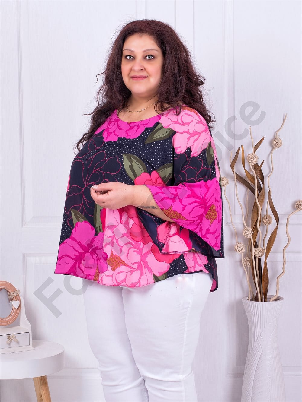 Plus size σιφόν μπλούζα με φλοράλ ντεσέν-φουξία-κωδ 2079