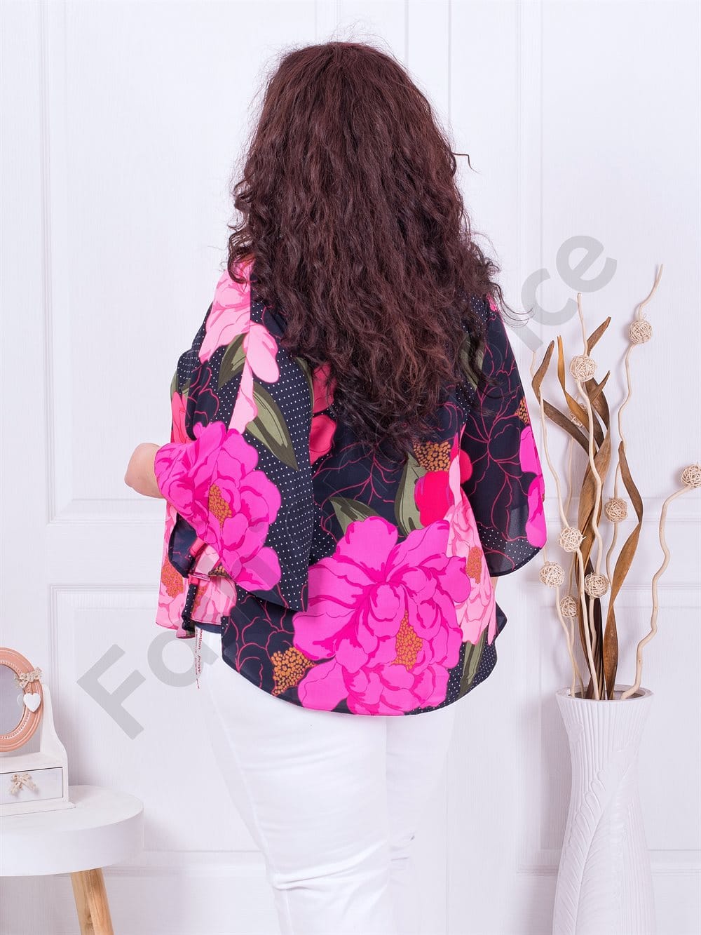Plus size σιφόν μπλούζα με φλοράλ ντεσέν-φουξία-κωδ 2079