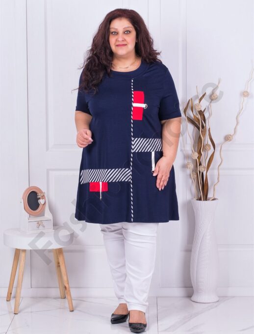 Plus size μακρύ τουνίκ με ριγέ τόνους-σκούρο μπλε-κωδ 16233-5