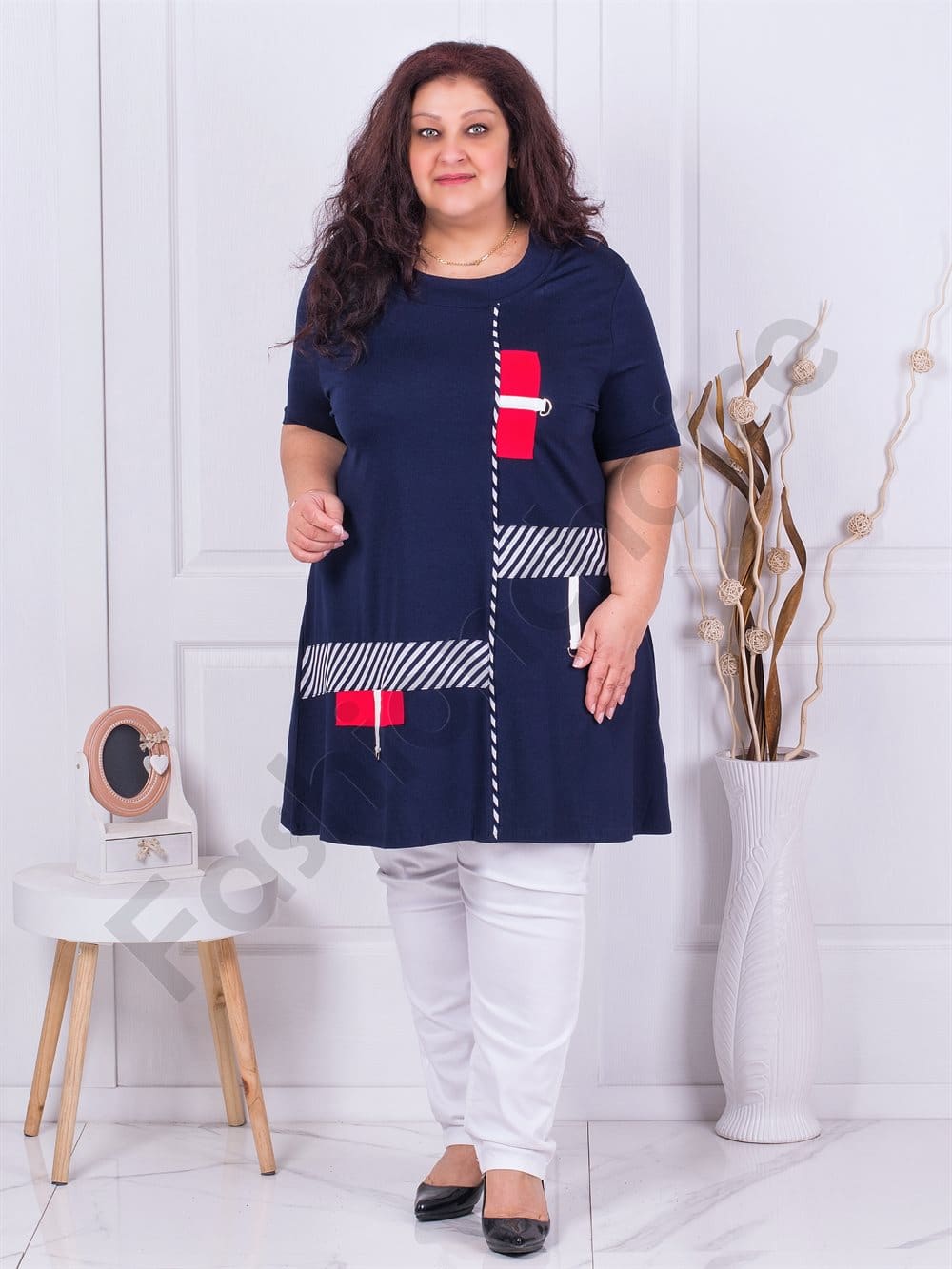 Plus size μακρύ τουνίκ με ριγέ τόνους-σκούρο μπλε-κωδ 16233-5