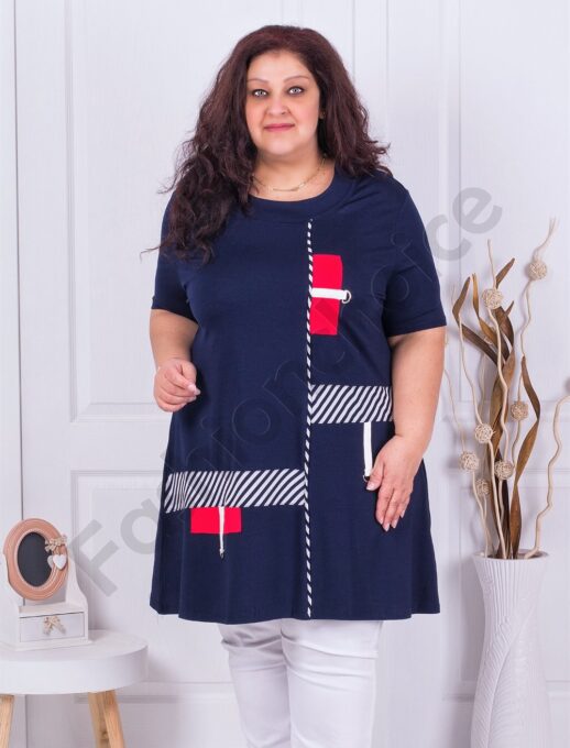 Plus size μακρύ τουνίκ με ριγέ τόνους-σκούρο μπλε-κωδ 16233-5