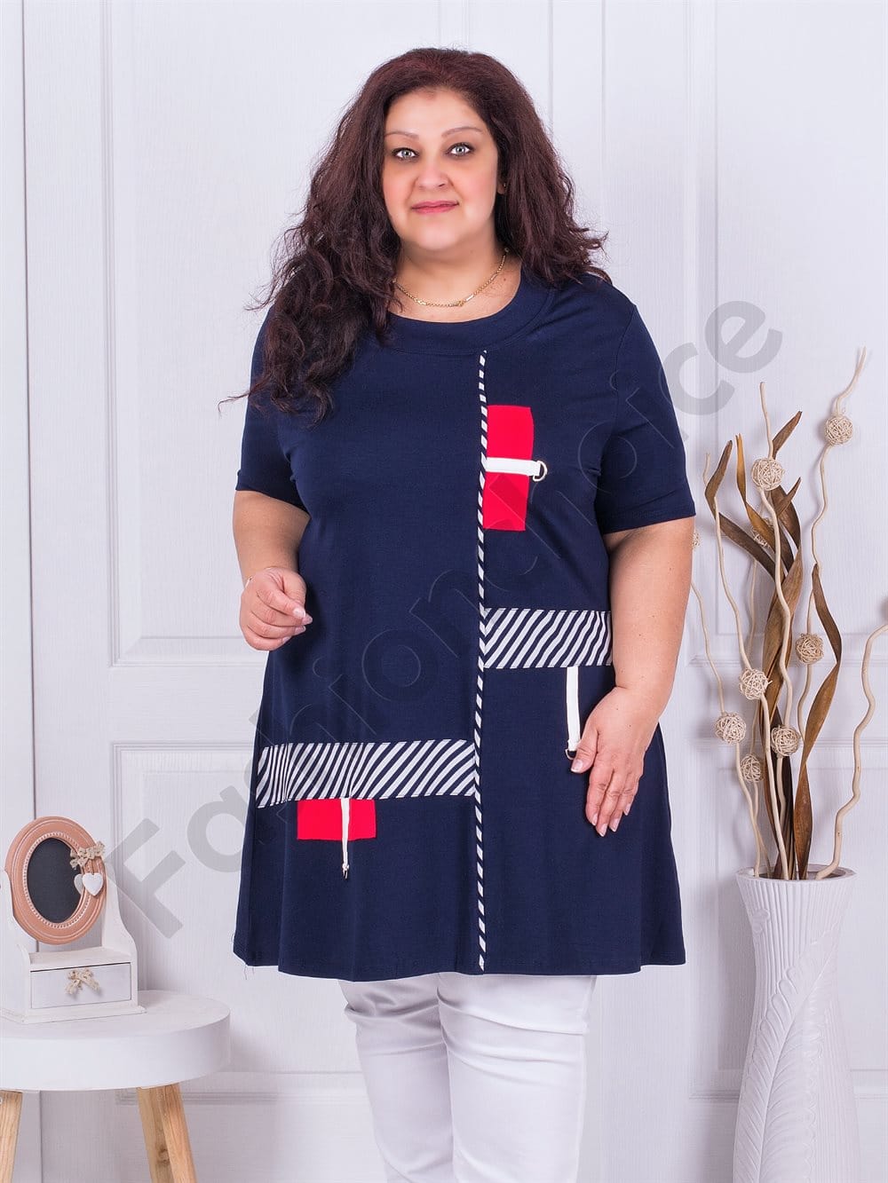 Plus size μακρύ τουνίκ με ριγέ τόνους-σκούρο μπλε-κωδ 16233-5