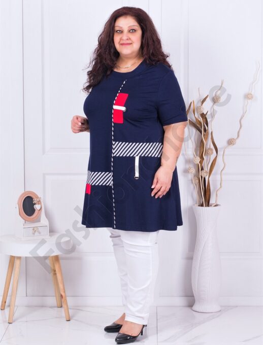 Plus size μακρύ τουνίκ με ριγέ τόνους-σκούρο μπλε-κωδ 16233-5