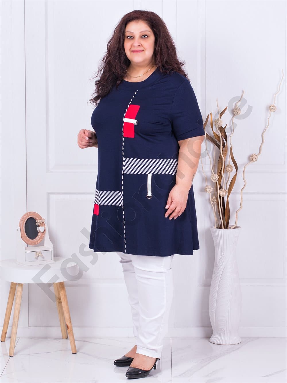 Plus size μακρύ τουνίκ με ριγέ τόνους-σκούρο μπλε-κωδ 16233-5