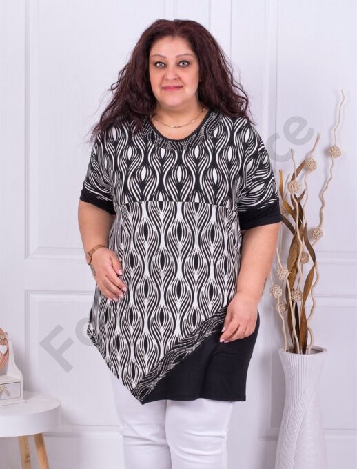 Plus size ασύμμετρη τουνίκ με ασπρόμαυρα σχέδια-κωδ 1116-2