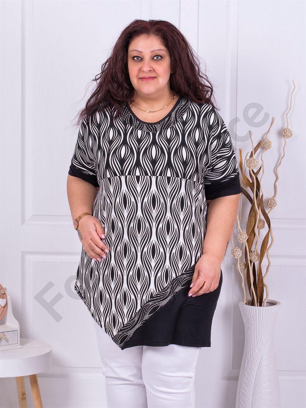 Plus size ασύμμετρη τουνίκ με ασπρόμαυρα σχέδια-κωδ 1116-2
