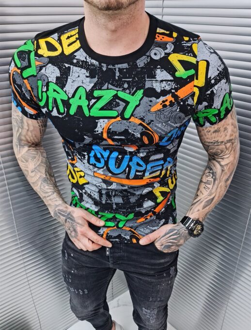 Ανδρικό T-shirt με χρωματιστές επιγραφές Crazy-μαύρο-κωδ 781-1